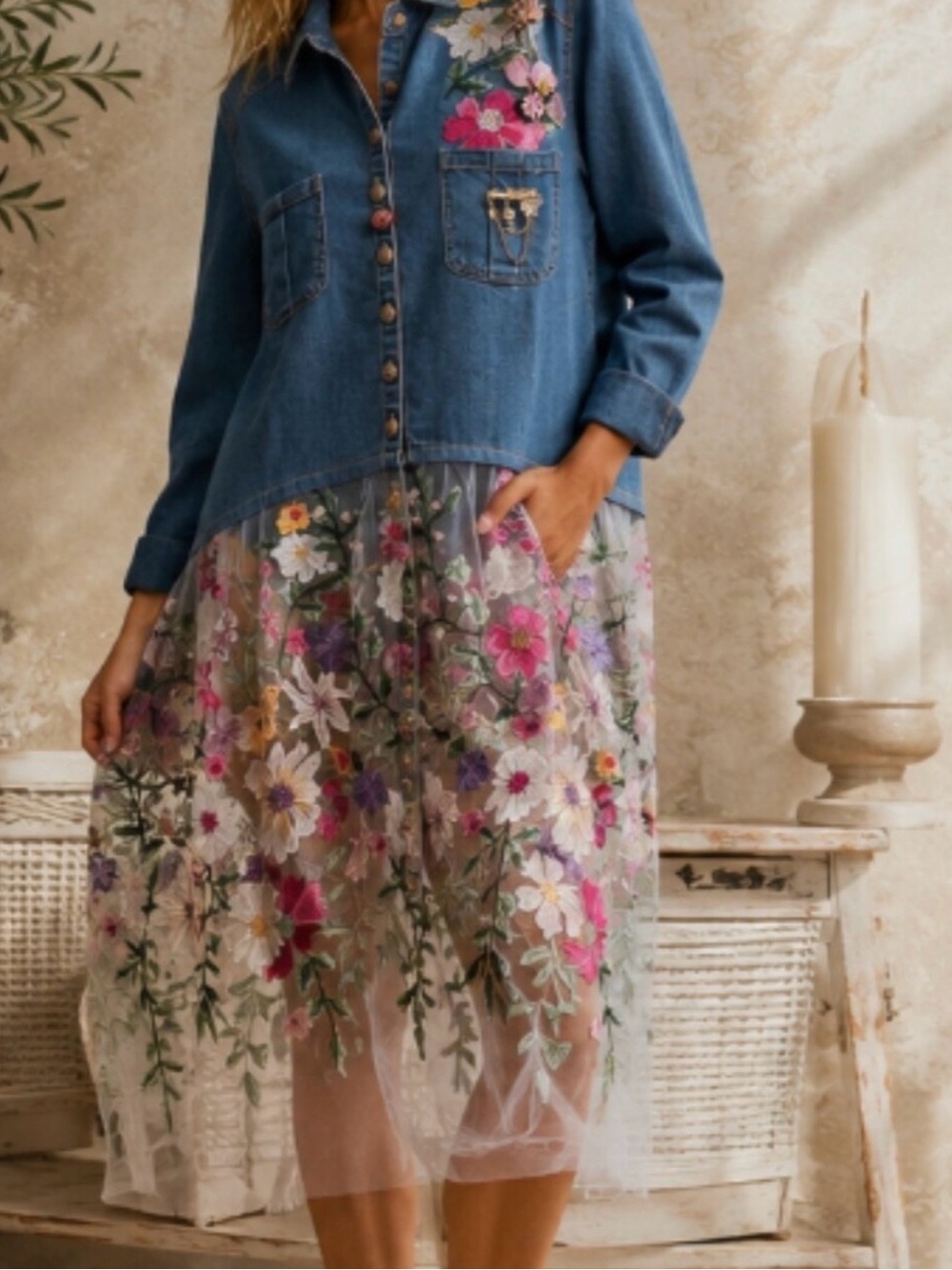 NWT Aratta Denim Top with Floral Embroidered Tulle Skirt - Blue Floral